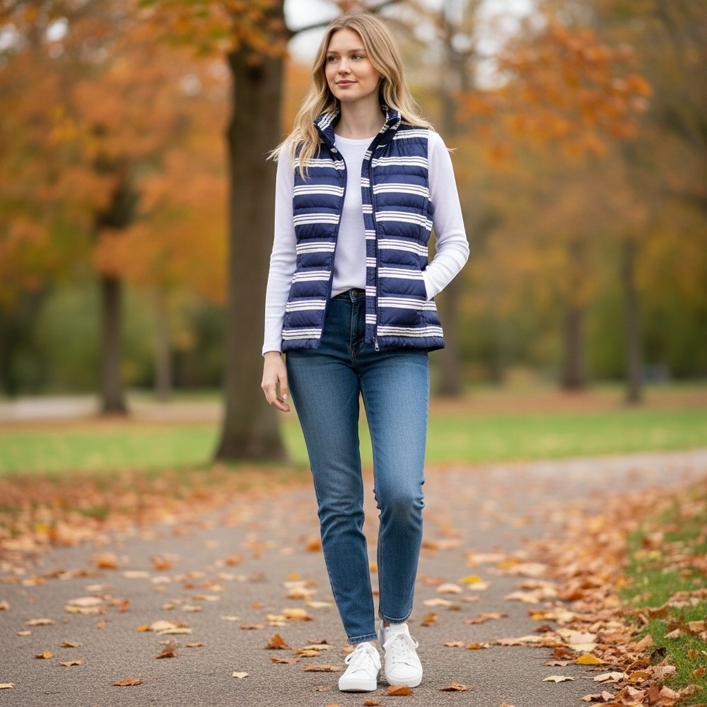 Lands End Womens Navy White Striped Down Puffer Vest 600 Fill Preppy Coastal 6-8